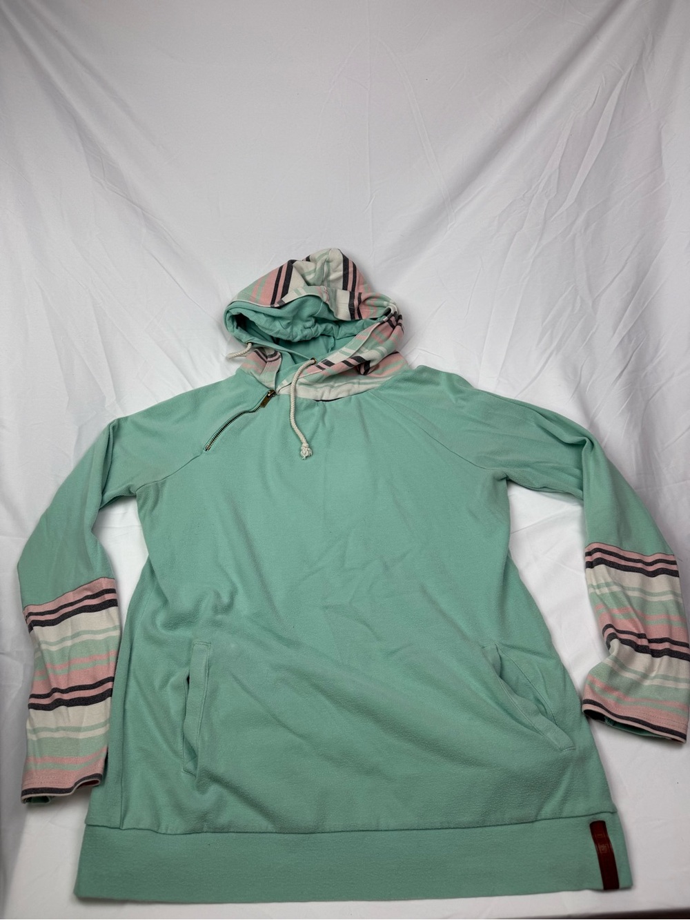 AMPERSAND AVE Mint Green Hooded Sweater with Pastel Striped Sleeves
